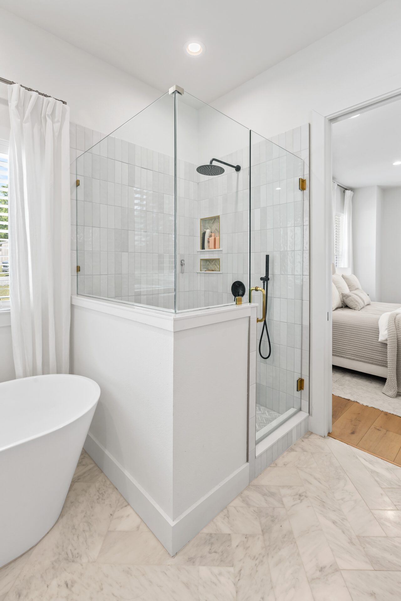 Willow custom home master bath with soaking tub and glass walk-in shower by RBCS Inc in North Texas