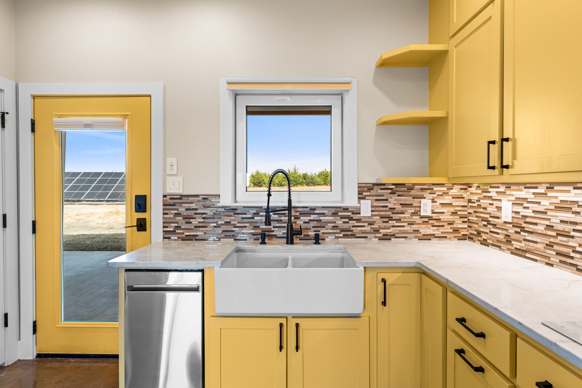 Zephyr custom build kitchen with yellow cabinets, farmhouse sink, and solar by RBCS Inc in North Texas